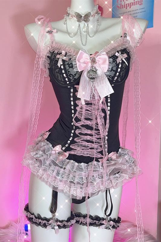Don't Bother Me Lacework Bows Gyaru Style Strap Top and Briefs