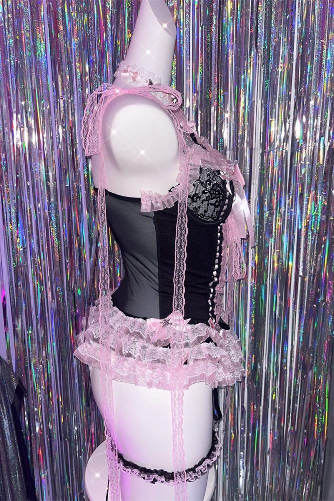 Don't Bother Me Lacework Bows Gyaru Style Strap Top and Briefs