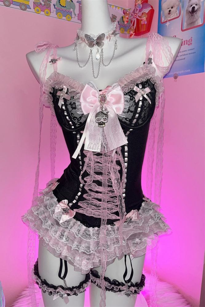 Don't Bother Me Lacework Bows Gyaru Style Strap Top and Briefs