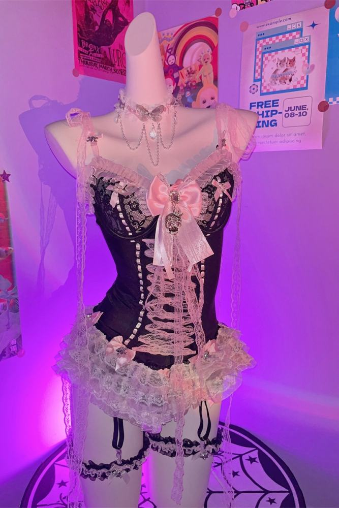 Don't Bother Me Lacework Bows Gyaru Style Strap Top and Briefs