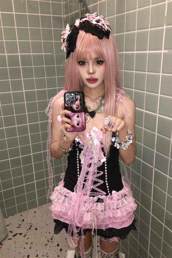 Don't Bother Me Lacework Bows Gyaru Style Strap Top and Briefs