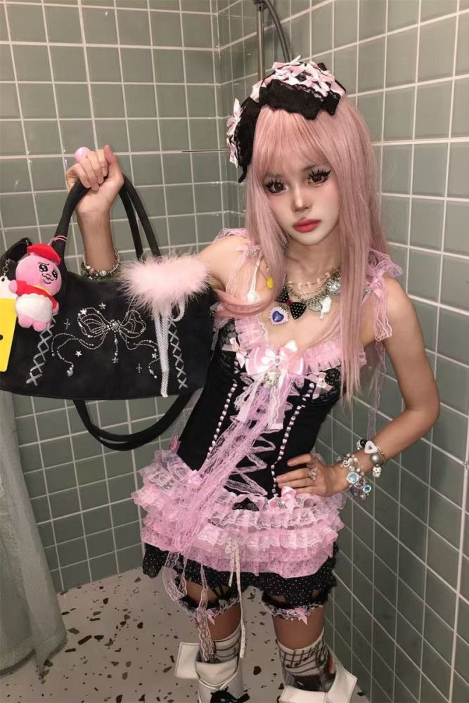 Don't Bother Me Lacework Bows Gyaru Style Strap Top and Briefs