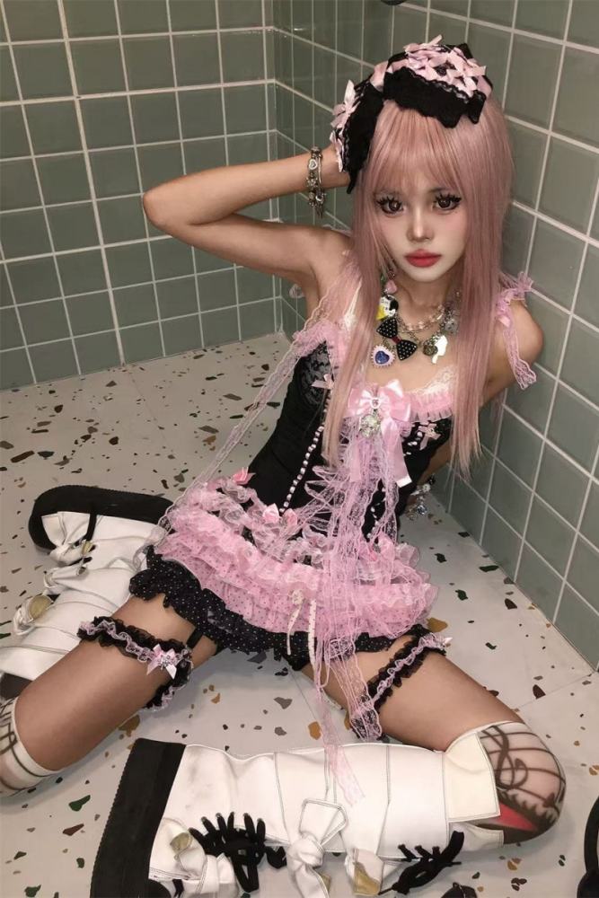 Don't Bother Me Lacework Bows Gyaru Style Strap Top and Briefs