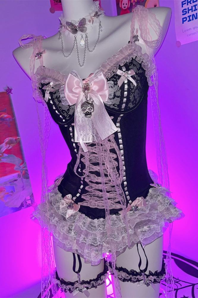 Don't Bother Me Lacework Bows Gyaru Style Strap Top and Briefs