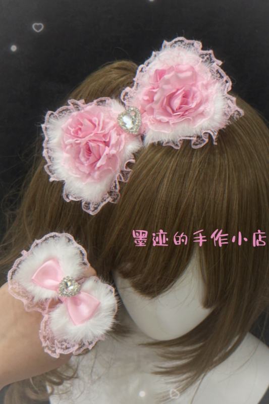 Moji Gyaru Retro Pink Plush Himegyaru Hairpin and Ring