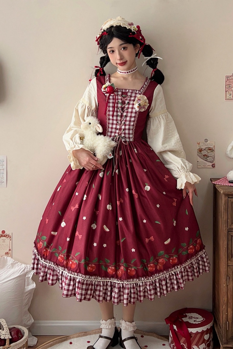 ワンピース Apple Cherry Pattern Camisole Dress Miss Point Apple Grove Dirndl Dress- My Lolita Dress