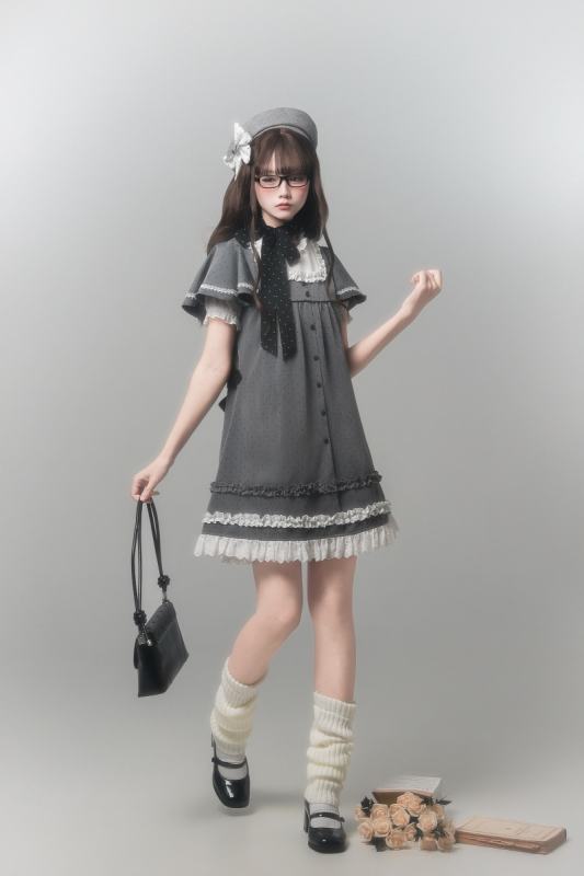 Polka Dot Lacework Grey One Piece Dress and Beret