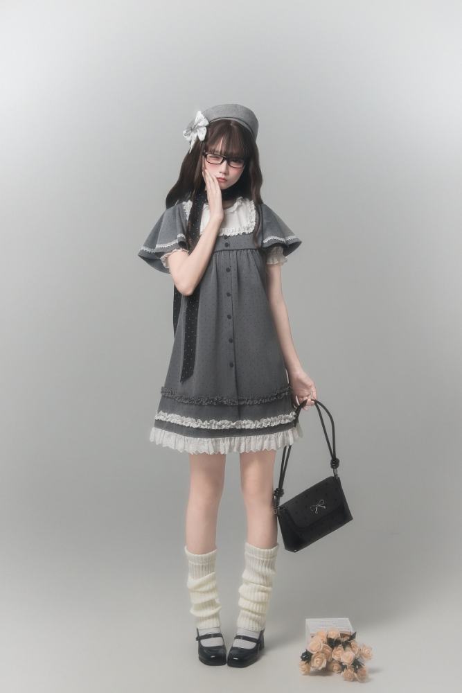 Polka Dot Lacework Grey One Piece Dress and Beret