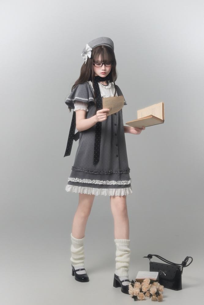 Polka Dot Lacework Grey One Piece Dress and Beret