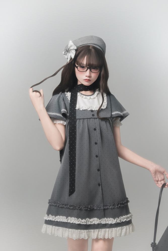 Polka Dot Lacework Grey One Piece Dress and Beret
