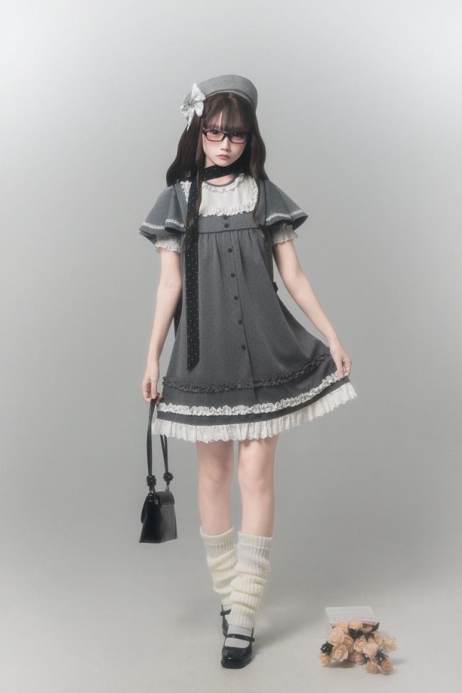 Polka Dot Lacework Grey One Piece Dress and Beret