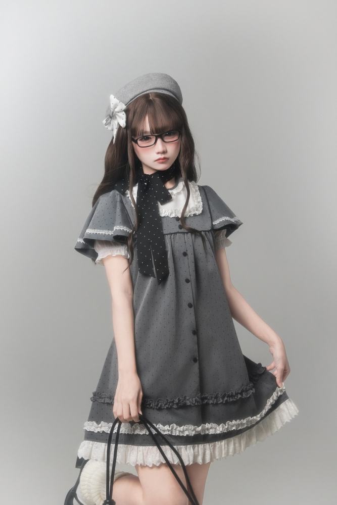 Polka Dot Lacework Grey One Piece Dress and Beret
