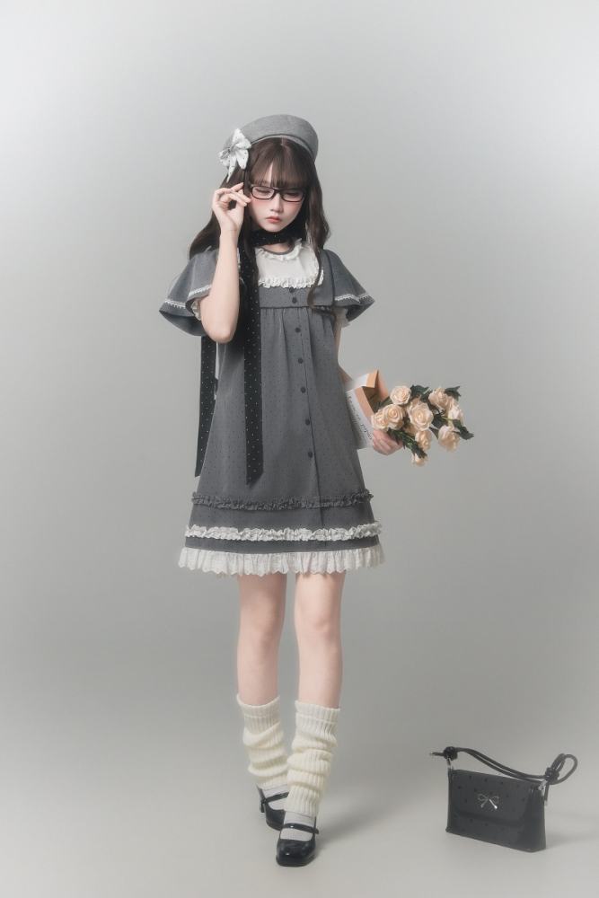 Polka Dot Lacework Grey One Piece Dress and Beret
