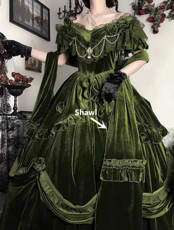 Meowing and Fruity Tana Manor Velvet Green Vintage Lolita Wedding Dress