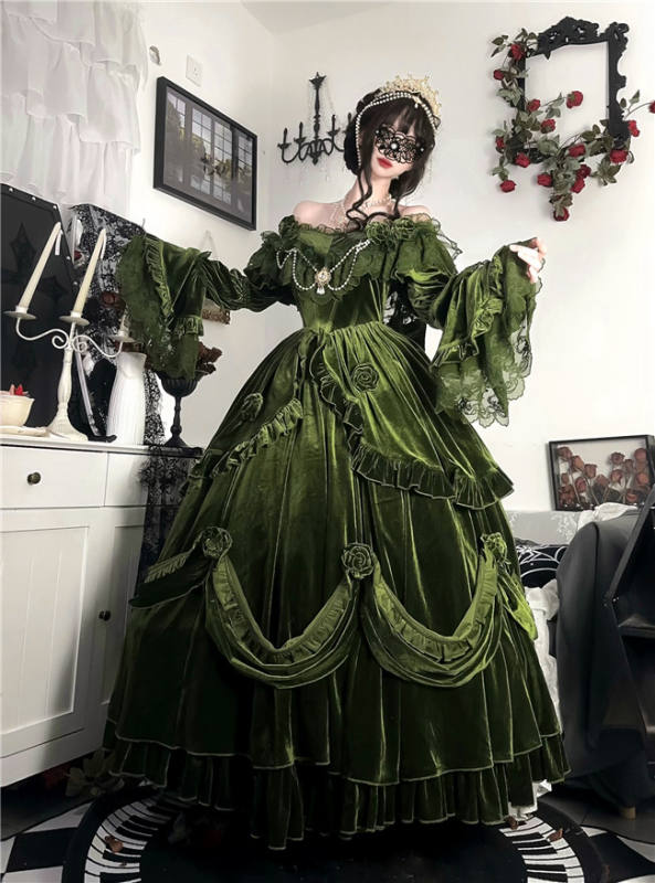 Meowing and Fruity Tana Manor Velvet Green Vintage Lolita Wedding Dress