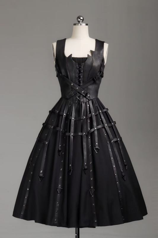 gold white blue black dress Black Lace-Up Flared Gothic Dress