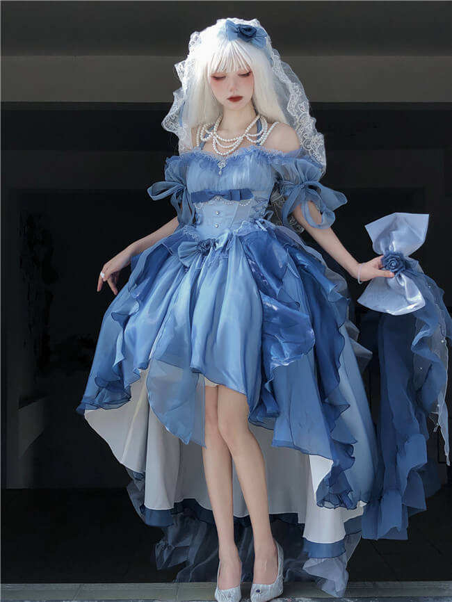 Meowing and Fruity Blue Flower Wedding Dress Classic Lolita Dress Set