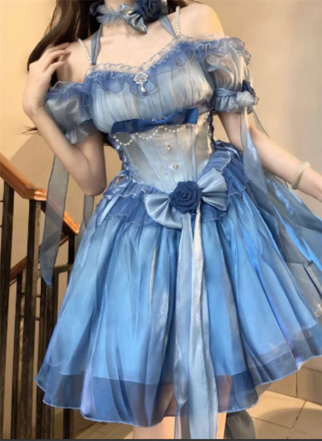 Meowing and Fruity Blue Flower Wedding Dress Classic Lolita Dress Short Version