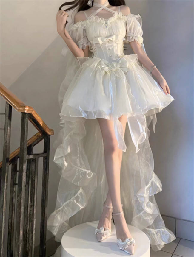 Meowing and Fruity Blue Flower Wedding Dress Classic Lolita Dress Short Version