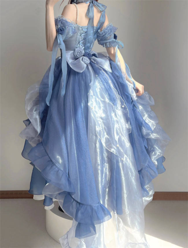Meowing and Fruity Blue Flower Wedding Dress Classic Lolita Dress Set