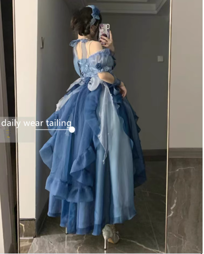 Meowing and Fruity Blue Flower Wedding Dress Classic Lolita Dress Set