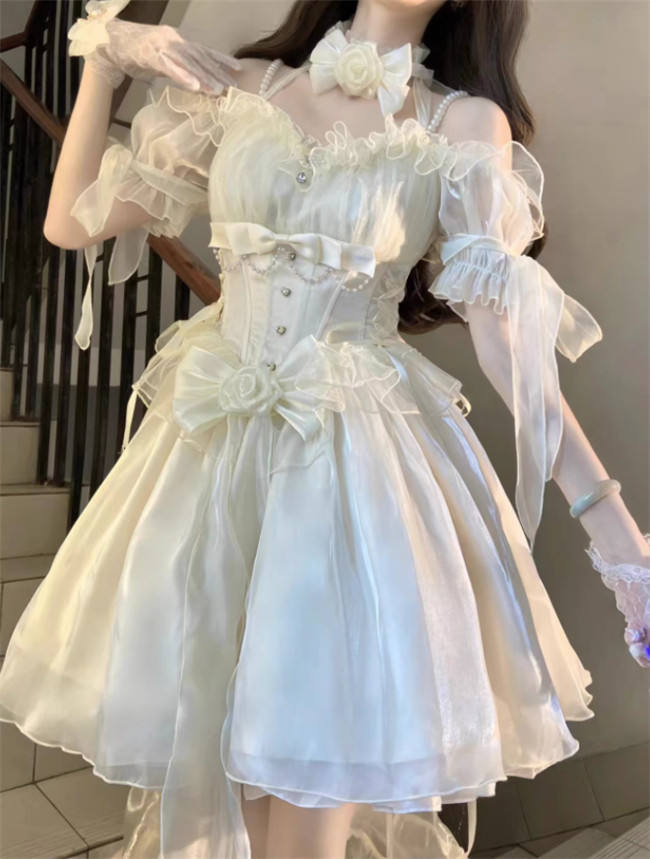 Meowing and Fruity Blue Flower Wedding Dress Classic Lolita Dress Short Version