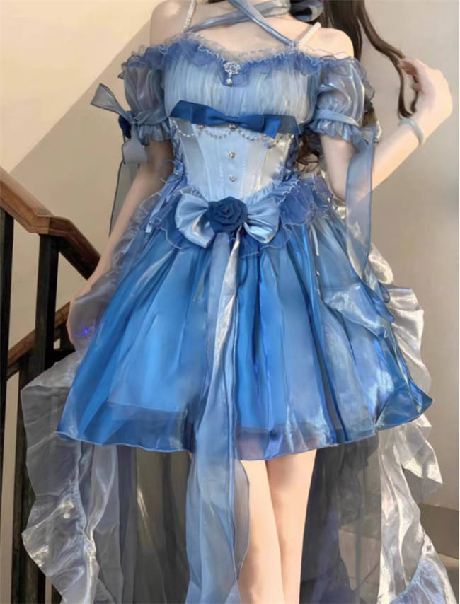 Meowing and Fruity Blue Flower Wedding Dress Classic Lolita Dress Short Version