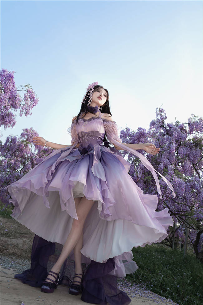 Meowing and Fruity Blue Flower Wedding Dress Classic Lolita Dress Set