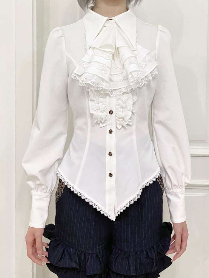 Little Dipper Gothic Ouji Lolita Blouse  Long Sleevees White Blouse white lace Size L Long Version - In Stock