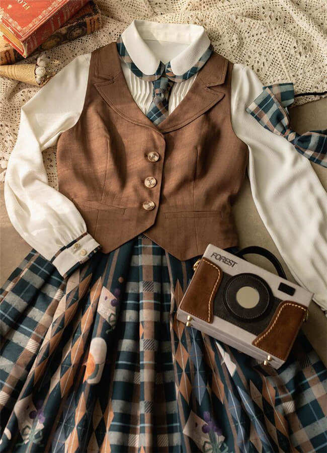 Forest Wardrobe Orange Kitten Lolita Dress, Blouse, Vest and Skirt