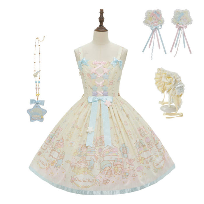 Summer Fairy Sanrio Collaborated The Twins Prints Lolita JSK OP Blouse and Cardigan