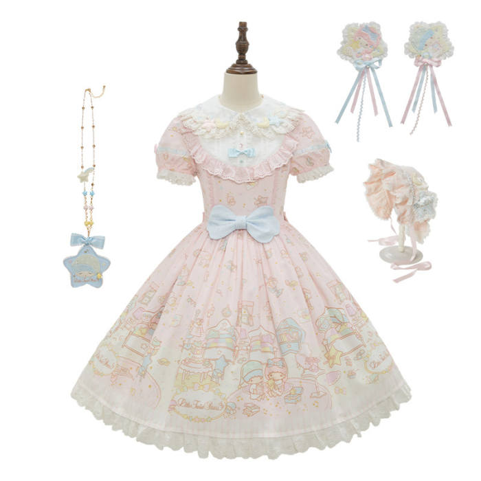 Summer Fairy Sanrio Collaborated The Twins Prints Lolita JSK OP Blouse and Cardigan