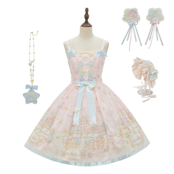 Summer Fairy Sanrio Collaborated The Twins Prints Lolita JSK OP Blouse and Cardigan