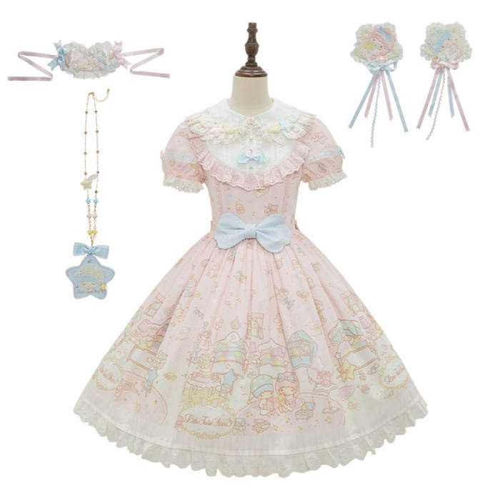 Summer Fairy Sanrio Collaborated The Twins Prints Lolita JSK OP Blouse and Cardigan