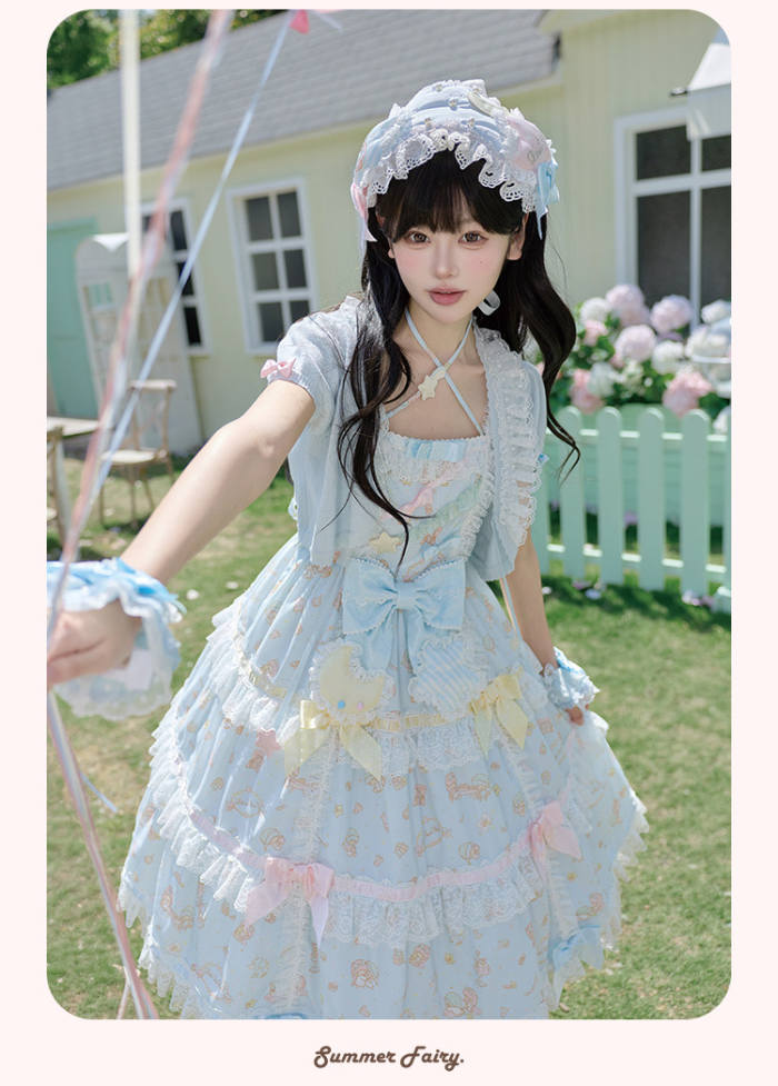 Summer Fairy Sanrio Collaborated The Twins Prints Lolita JSK OP Blouse and Cardigan