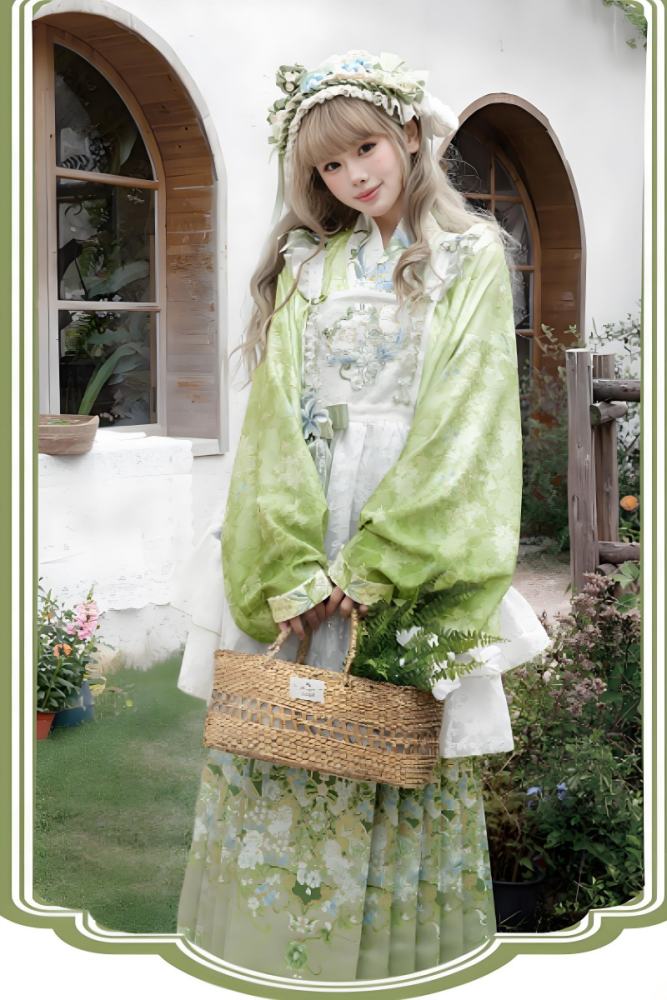Huaxianji Hanfu Qi Lolita Horse Face Skirt Top Overdress and Headdress