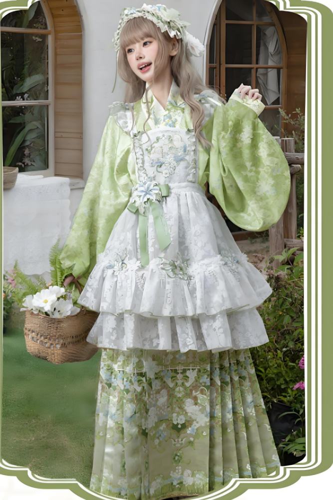 Huaxianji Hanfu Qi Lolita Horse Face Skirt Top Overdress and Headdress