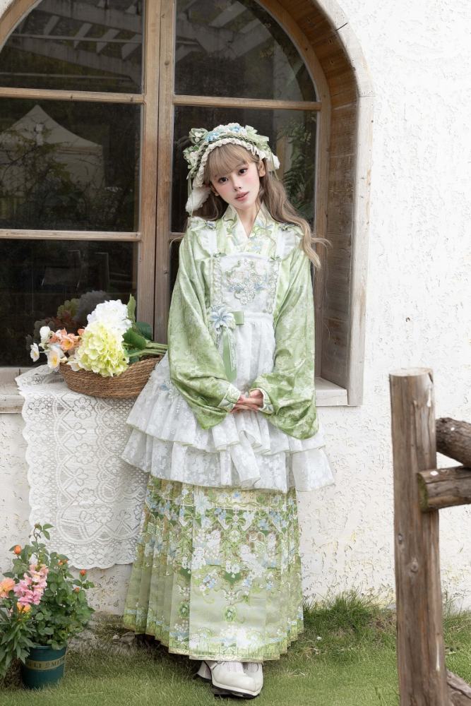 Huaxianji Hanfu Qi Lolita Horse Face Skirt Top Overdress and Headdress