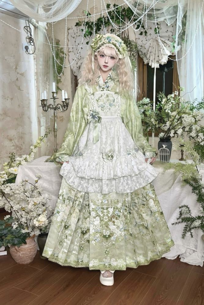 Huaxianji Hanfu Qi Lolita Horse Face Skirt Top Overdress and Headdress