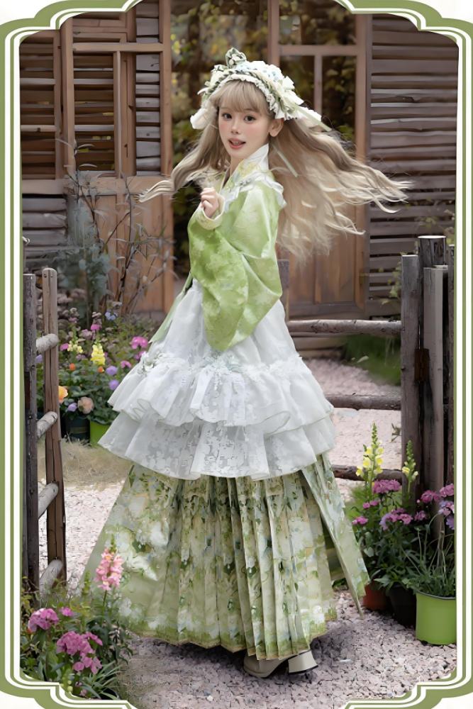 Huaxianji Hanfu Qi Lolita Horse Face Skirt Top Overdress and Headdress