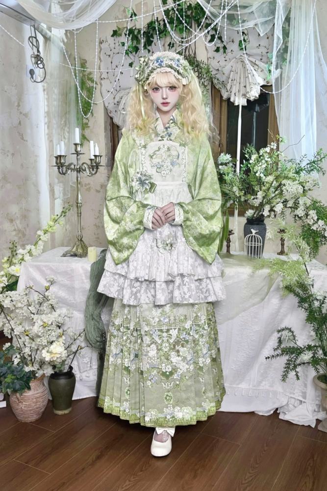 Huaxianji Hanfu Qi Lolita Horse Face Skirt Top Overdress and Headdress