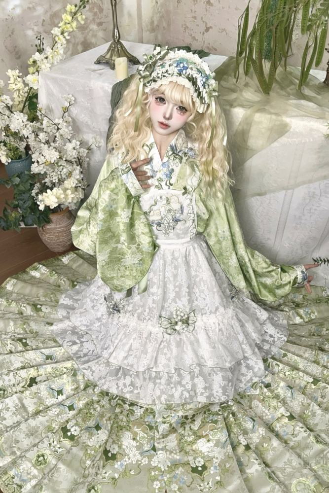 Huaxianji Hanfu Qi Lolita Horse Face Skirt Top Overdress and Headdress