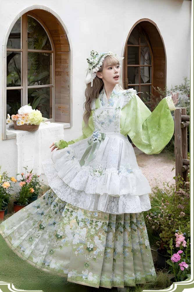 Huaxianji Hanfu Qi Lolita Horse Face Skirt Top Overdress and Headdress