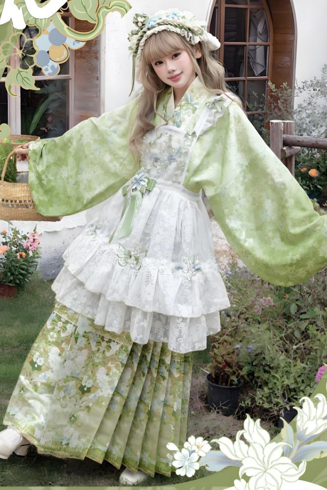Huaxianji Hanfu Qi Lolita Horse Face Skirt Top Overdress and Headdress