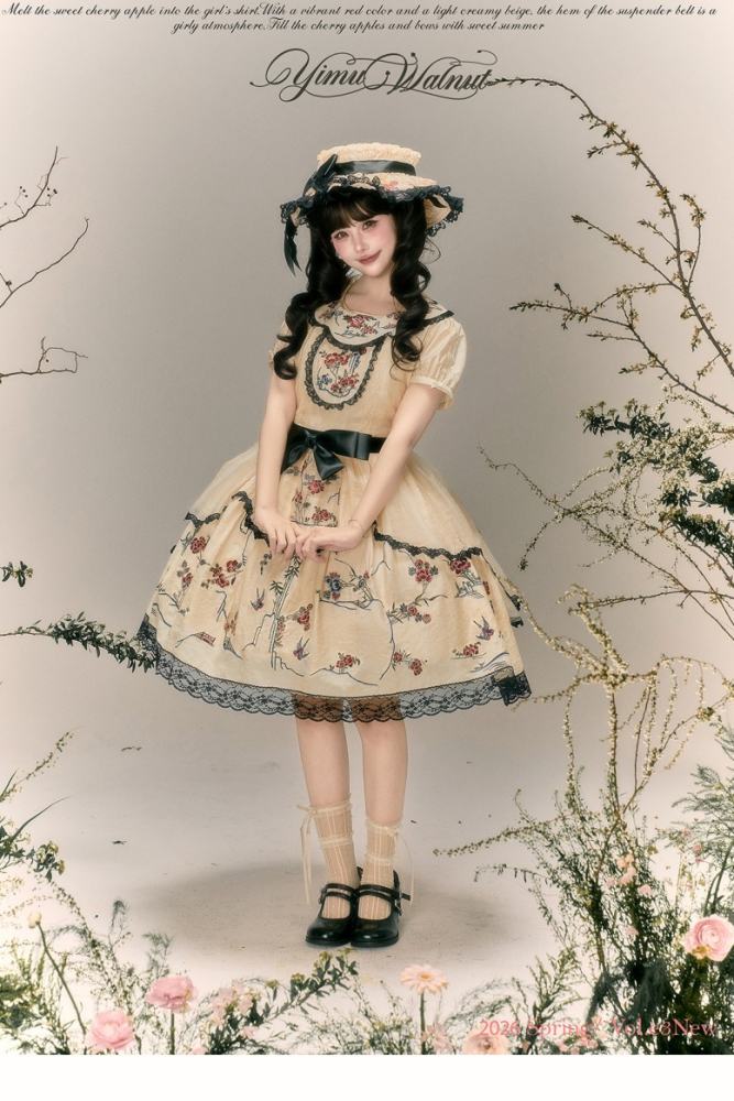 Yimu Walnut ~Flower Bird Amber~ Hanfu Qi Lolita JSK Top Cape and Hat