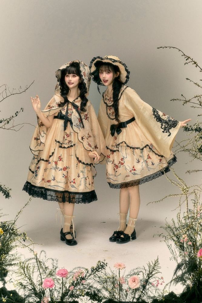 Yimu Walnut ~Flower Bird Amber~ Hanfu Qi Lolita JSK Top Cape and Hat