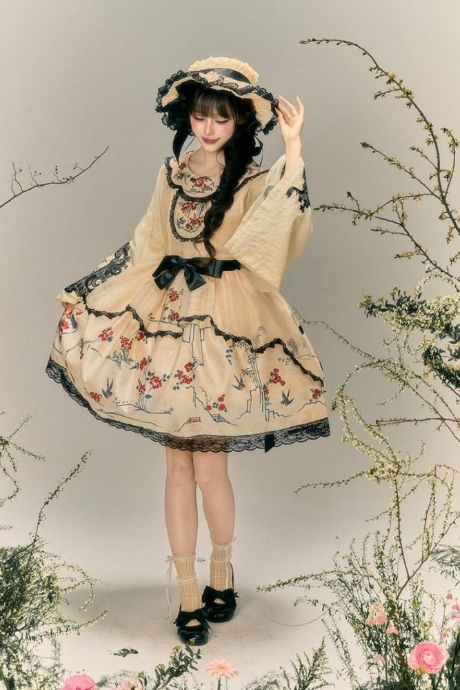 Yimu Walnut ~Flower Bird Amber~ Hanfu Qi Lolita JSK Top Cape and Hat