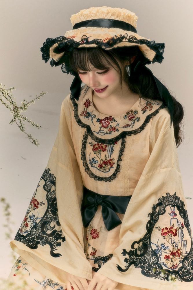 Yimu Walnut ~Flower Bird Amber~ Hanfu Qi Lolita JSK Top Cape and Hat