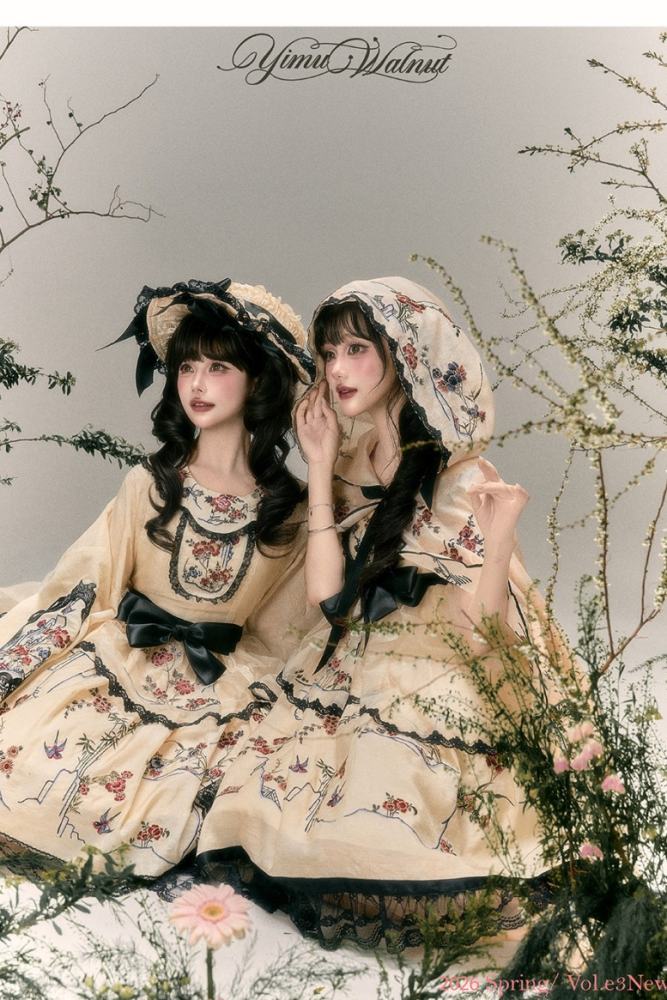 Yimu Walnut ~Flower Bird Amber~ Hanfu Qi Lolita JSK Top Cape and Hat