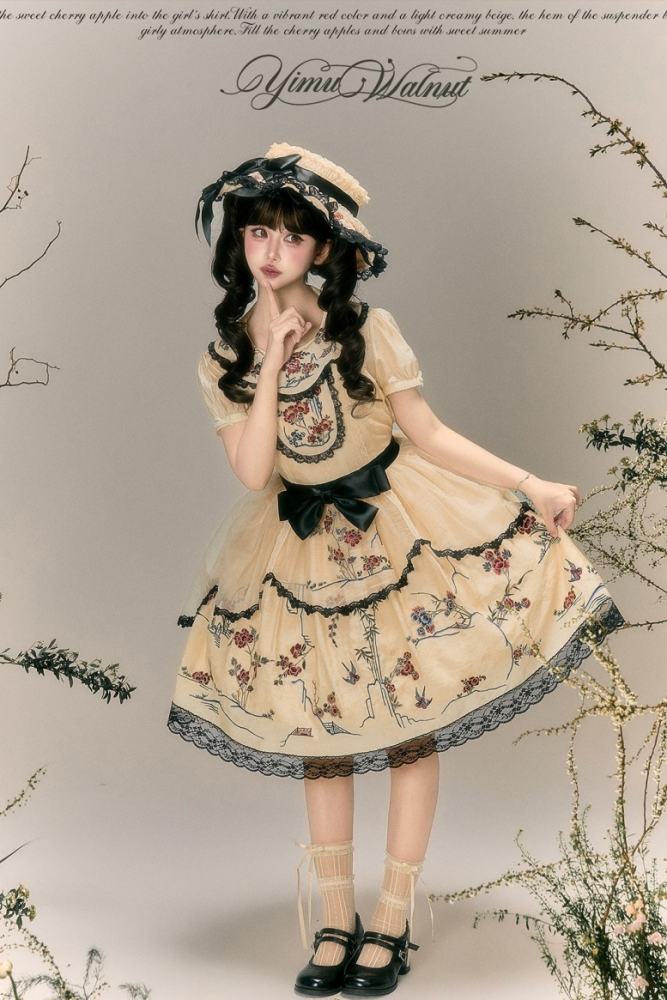 Yimu Walnut ~Flower Bird Amber~ Hanfu Qi Lolita JSK Top Cape and Hat
